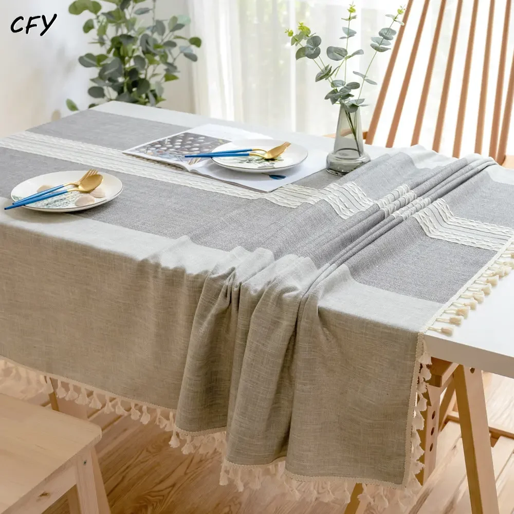 

Solid Symmetry Decorative Linen Tablecloth with Tassel Dustproof Thicken Rectangular Wedding Dining Table Cover Tea Table Cloth