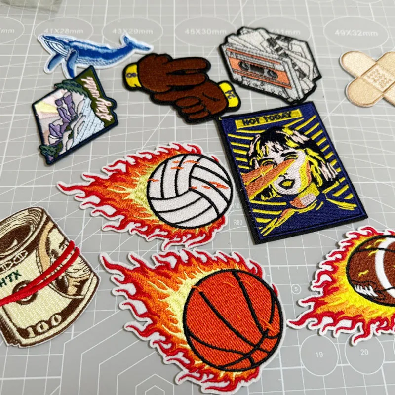 10pcs/set Basketball Gesture  Ironing Patch Sports Vintage Fire Dollar Stickers Fabric Sewing  Badges for Clothes Accessories