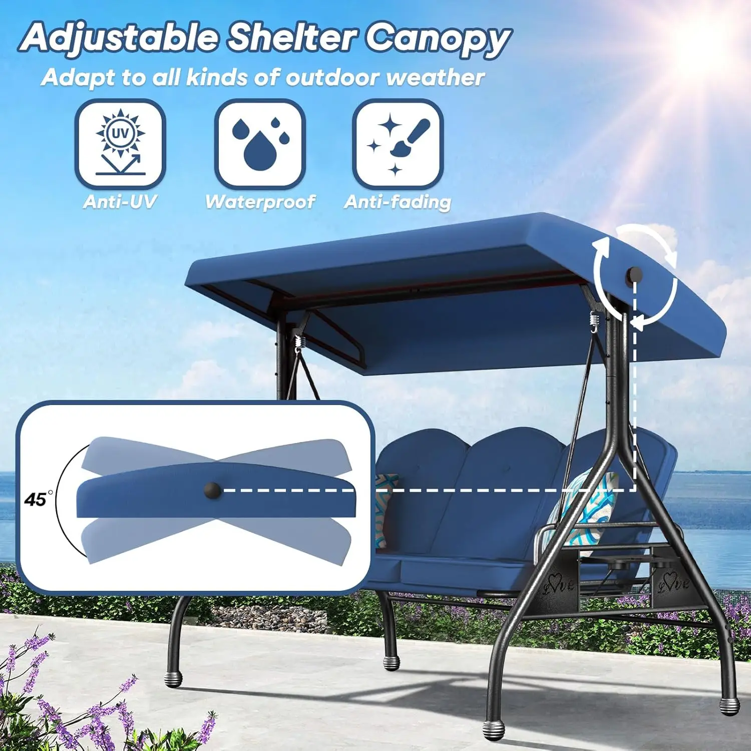 3 Seat Outdoor Porch Patio Swing with Stand 800lbs 2-in-1 Convertible Swing Bed with Adjustable Canopy & Removable