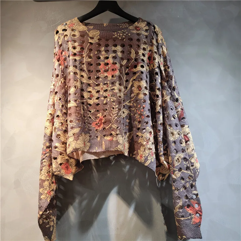 WTHT mode 2025 été femmes imprimer tricot évider pull ample Vintage à la mode manches longues col rond pull femme 1LS1796