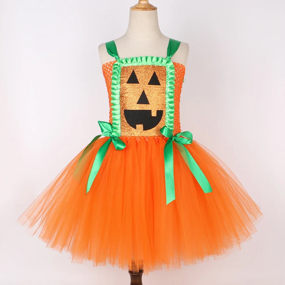 Halloween Pumpkin Costume for Kids Holiday Carnival Party Dresses Orange Jack Lantern Tutu Dress Girls Fancy Dress Up Clothes