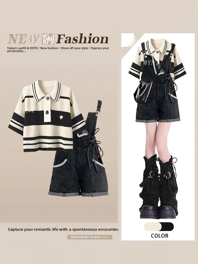 Rétro rayé Ne épissure couleur été Floral cravate sangle orts deux pièces ensemble coréen Sle collège Faion femmes C...