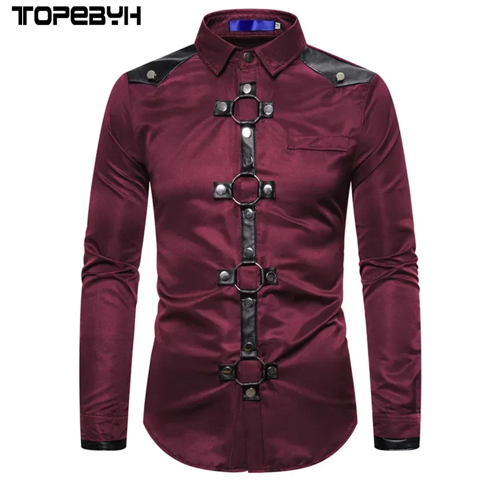 High Quality New Men Goth Style Rivet Solid Color Cargo Shirt Slim Fit Party Stage for Men Clothing