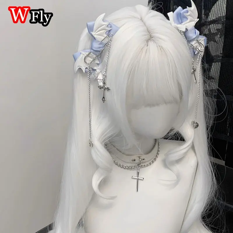 Women's Harajuku Steampunk Handmade Headwear Subculture Chain Cross Edge Clip Headpiecee Blue Girls Lolita Y2K Gothic Hairpins