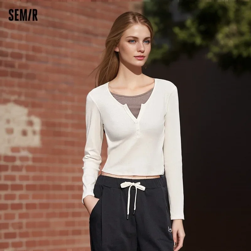 Semir 2024 Long-Sleeved T-Shirt Women Short Fake Two-Piece Bm Style New Spring Color Matching Tight-Fitting Shoulder Sweater