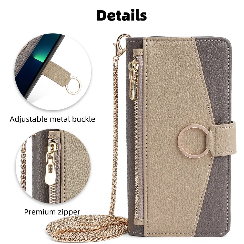 

Mirror Zipper Metal Chain Crossbody Leather Case for Xiaomi Poco F8 Pro F7 Ultra F6 F5 F4 F3 Multi 3 Card Ring Wallet Flip Cover