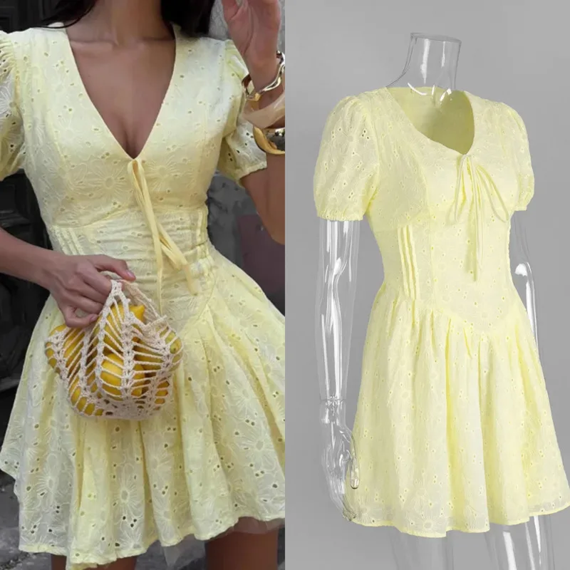 

Elegant Solid Color Puff Sleeve Mini Dress Sexy Deep V Neck Tie Waist Bodycon Dress Fashionable Summer Casual Short Sleeve Dress