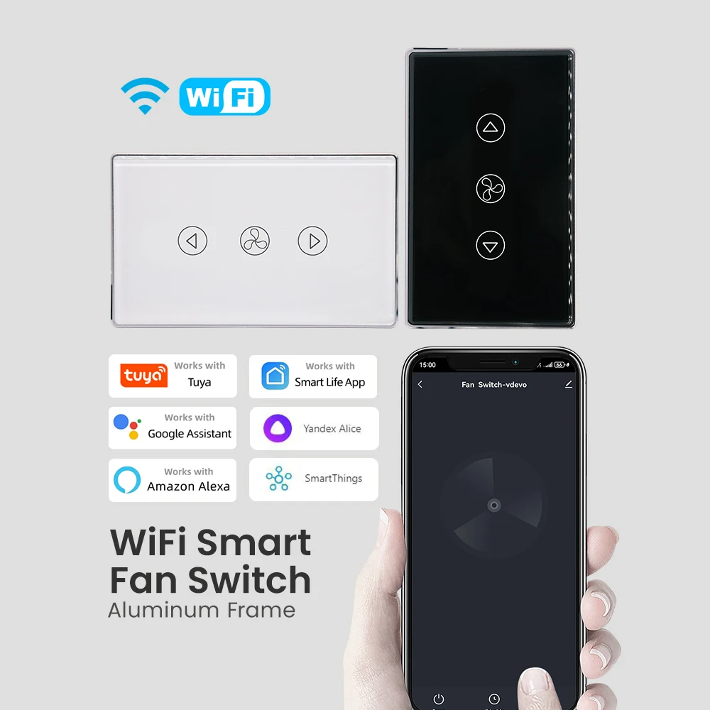 

Tuya Smart Wi-Fi Вентилятор Выключатель света США Алюминиевая рама 2.5D Arc Edge Таймер Расписание Настенный выключатель света с нейтральным проводом Стекло