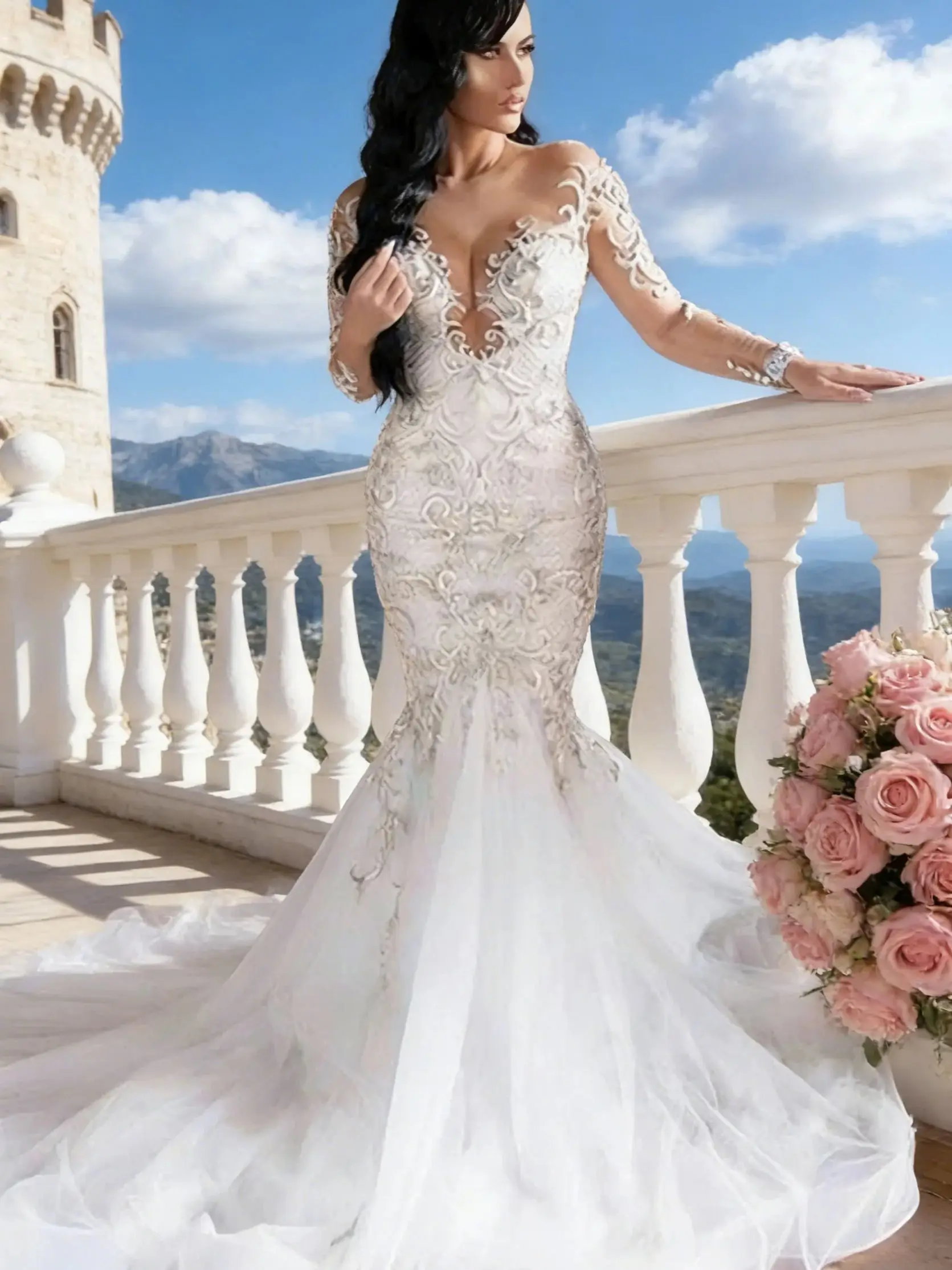 Summer Mermaid Wedding Dress Long Sleeve V Neck Design with Elegant Court Train