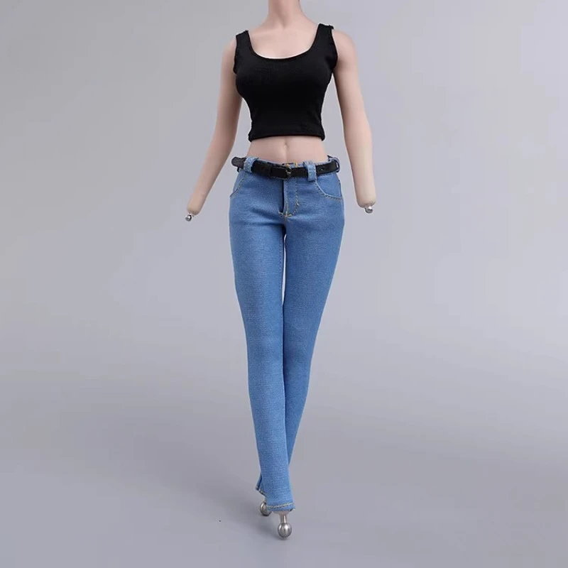 1/6 Scale Blue Tight Jeans Hot Pants Black One-shoulder Vest Clothes Outfit Model for 12'' Female Soldier PH TBL Doll Toys