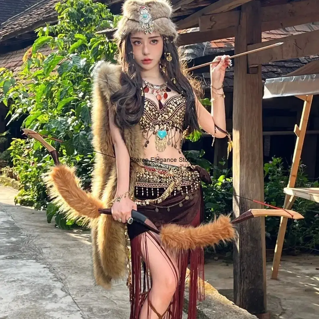 Exotic Style Tribal Princess Clothing Wild Ethnic Style Fur Expose Waist Belly Dance Dress Travel Stage Performance Winter