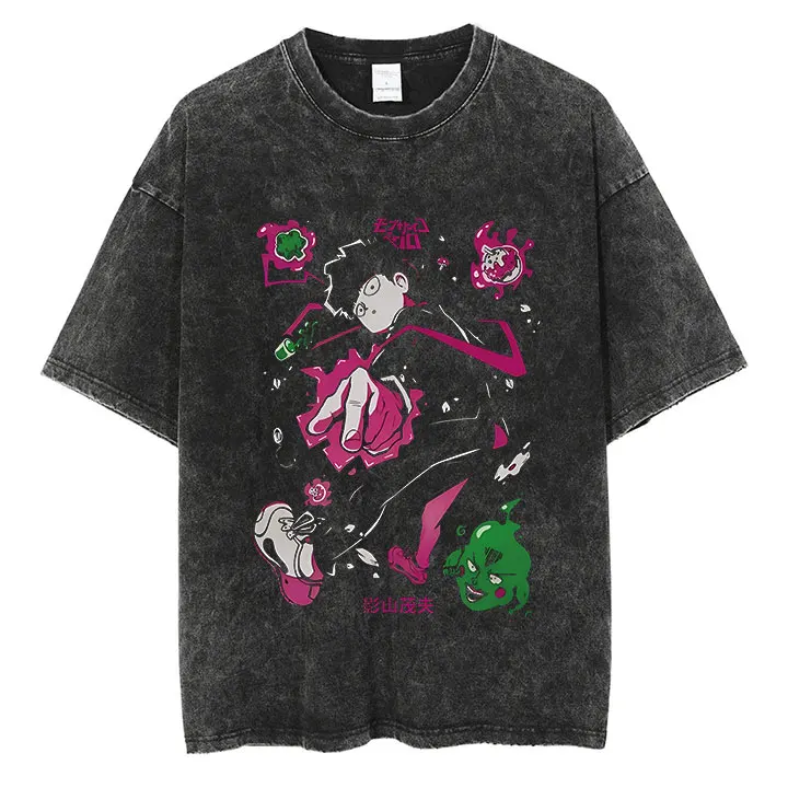 Anime Mob Psycho Vintage Washed Tshirt Unisex Streetwear Harajuku Graphic T-Shirt Cotton Casual T shirt Oversized Short Sleeve view 6