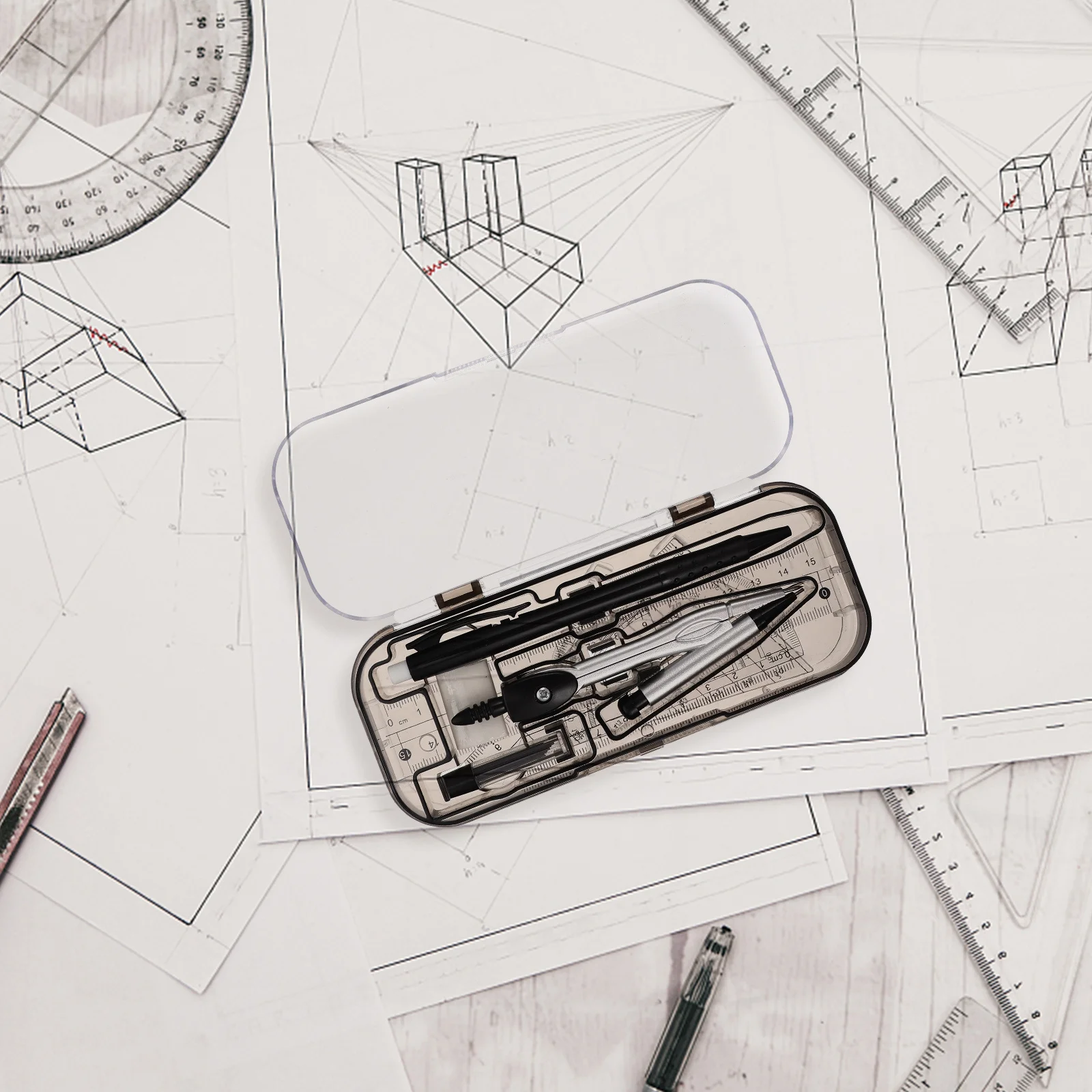 

1Set Clear Plastic Compass Ruler Set Drawing Accessories Protractor Triangle Measuring Tool Portable School Supply