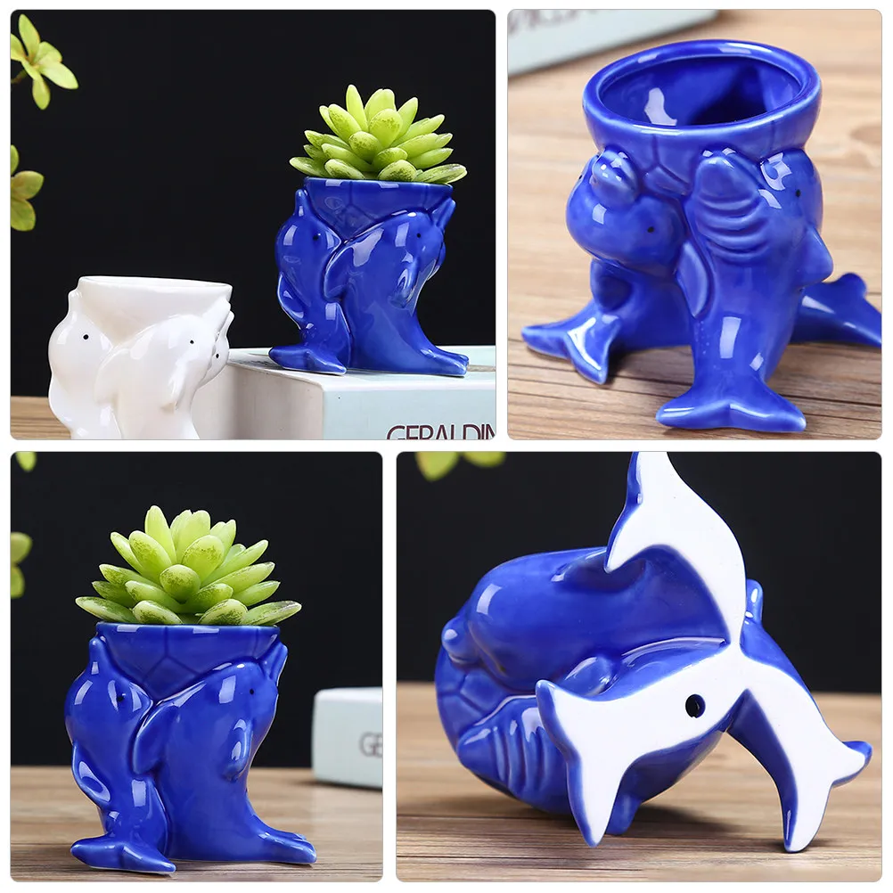 1Pcs Dolphin Ball Balancing Ceramic Flower Pot Succulent Planter Desktop Pen Holder Home Office Decor Mini Planter Garden