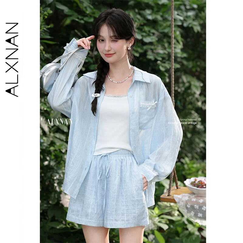 

ALXNAN светло-голубая рубашка, тонкая солнцезащитная рубашка свободного покроя с длинными рукавами, летние элегантные праздничные пляжные повседневные топы, женские L56650