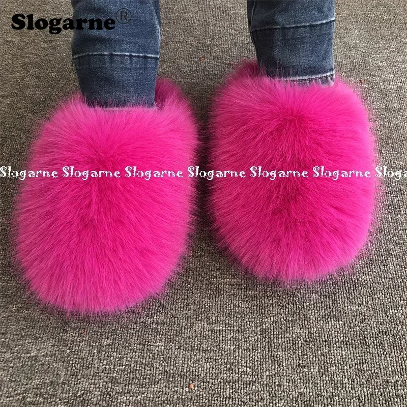 Women Faux Fox Fur Slippers Warm Plush Slides Girls Luxury Furry Shoes Home Cotton Shoes Outdoor Fur Slide Fashion Winter Shoes