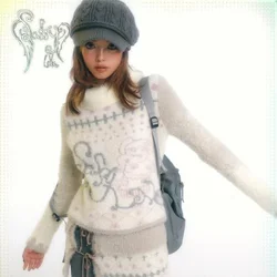 Deeptown Y2k Vintage Harajuku Women Sweater Print Japanese 2000s Style Knitted Pullovers Slim Autumn Warm Knitwear Aesthetic