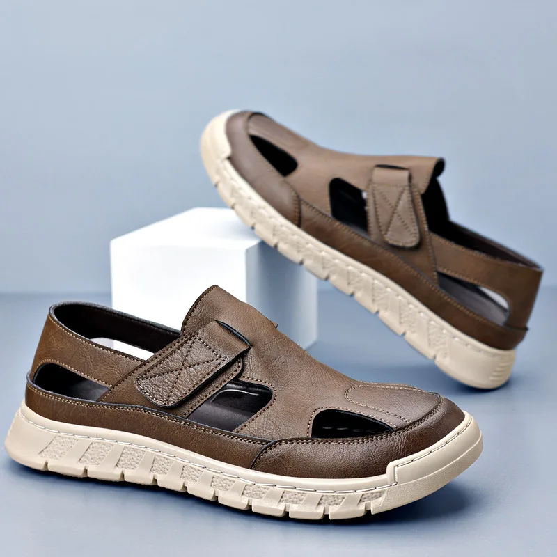Baotou leather sandals men's beach shoes 2026 summer new cross-border Roman hollow fashion men's shoes