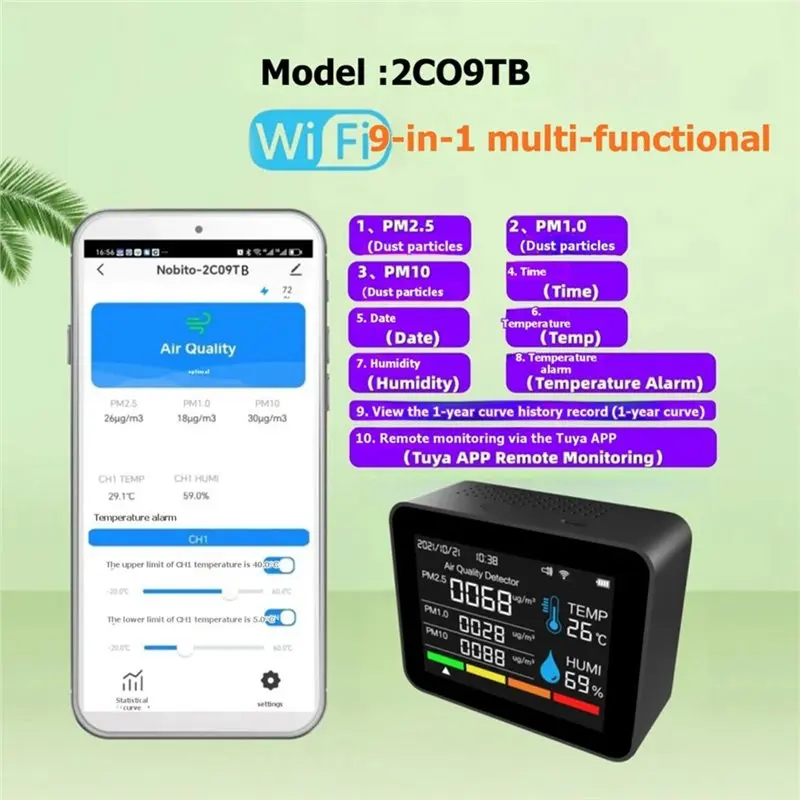 ABGG-Tuya Smart WIFI Air Quality Detector 9 In 1, Indoor PM2.5 PM10 Temp Humidity Tester Monitor For Home Room