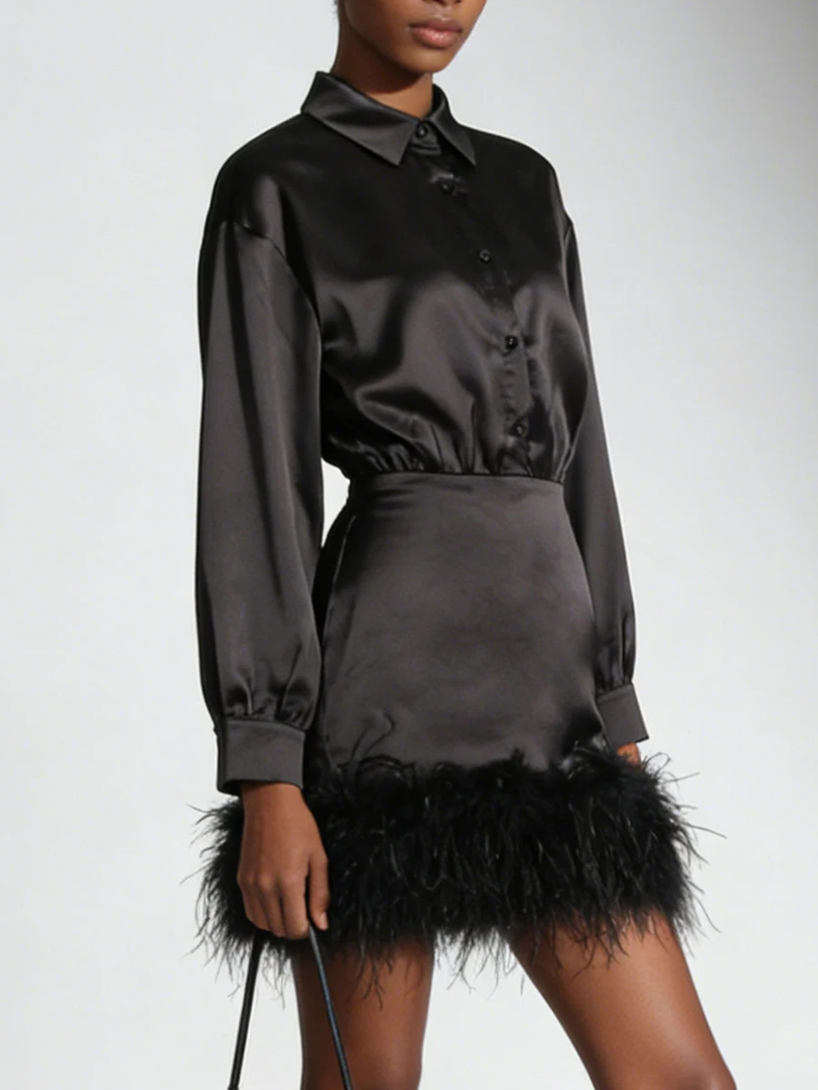 فساتين VGH صغيرة أنيقة للتخسيس من الساتان للنساء مع طية صدر السترة وأكمام طويلة وخصر عالٍ فستان أنيق من الريش موضة نسائية #4