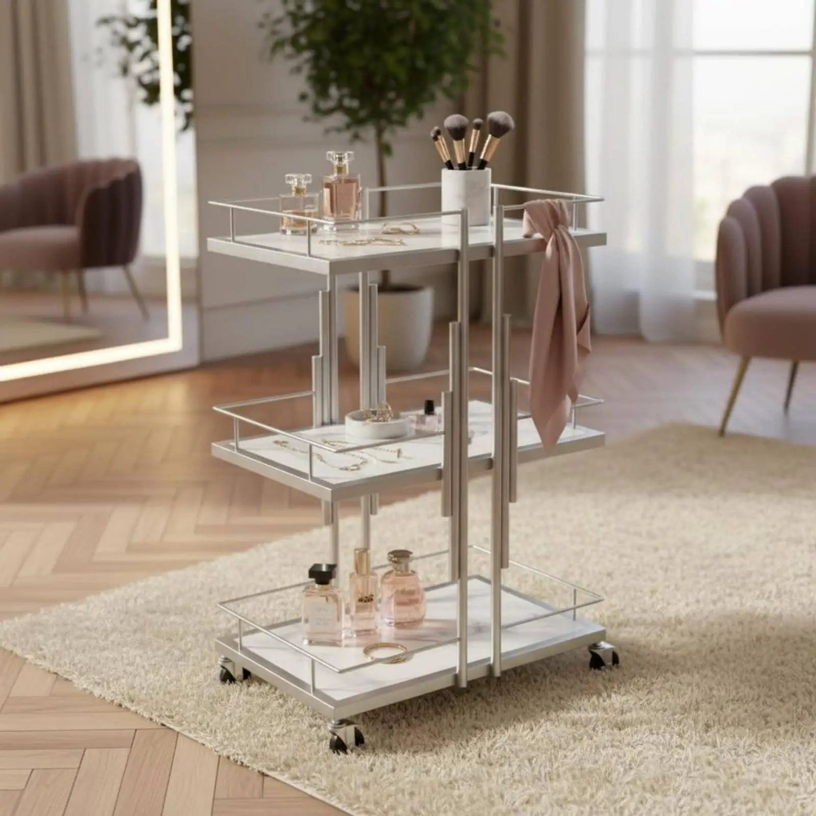 Beauty Salon Trolley Gold Frame Marble Shelf Utility Cart Rolling Organizer for Cosmetic Storage Spa Home