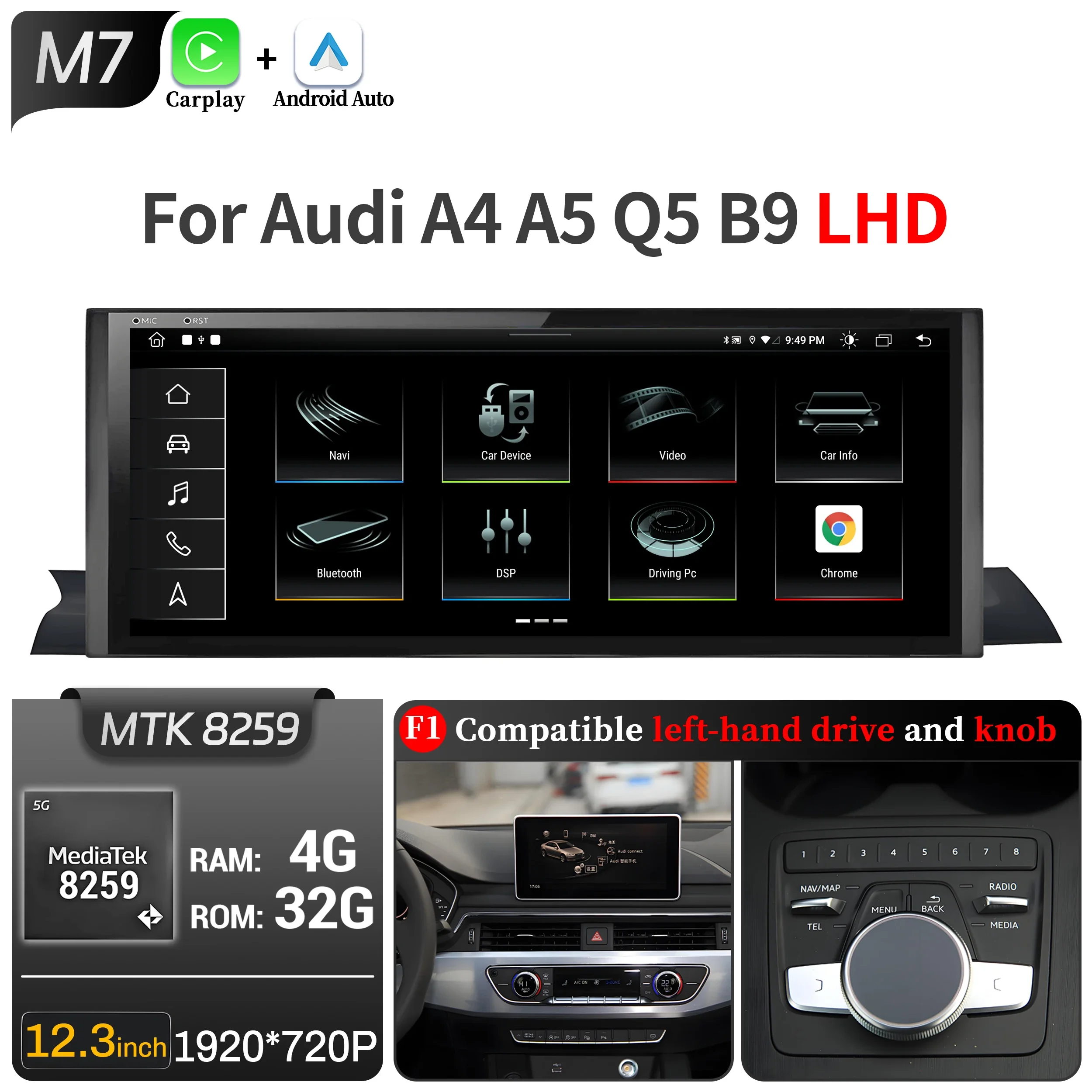 12.3 inch Android 13 Autoradio Voor Audi A4 A5 Q5 B9 2016-2023 Draadloze BT Carplay Qualcomm Snapdragon 680 Head Unit Touchscreen