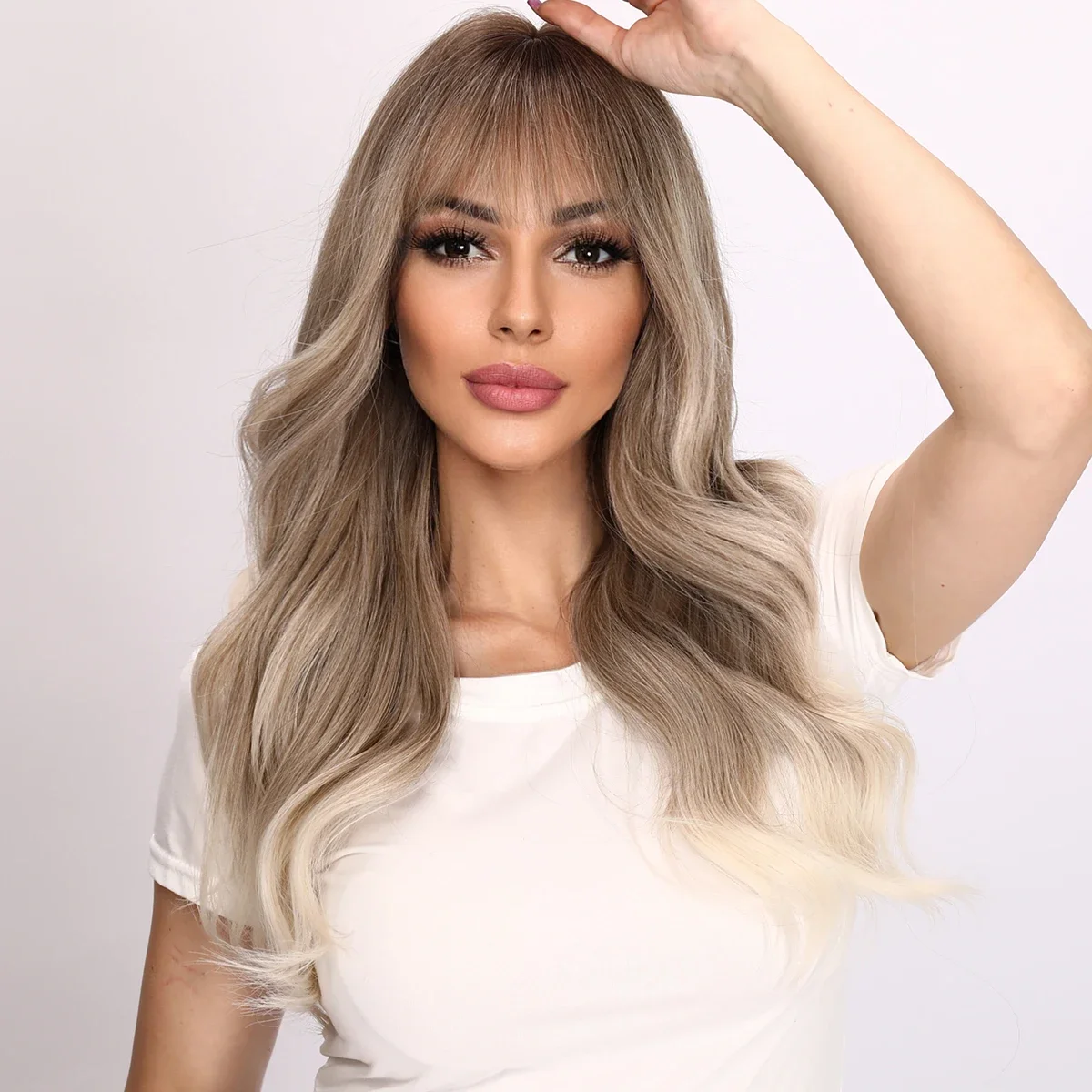 Grey To White Long Wavy Wigs With Straight Bangs For Women Cosplay Party Daily Synthetic Heat Resistant Wigs