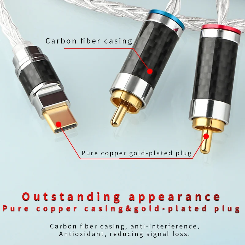 ไฮไฟ USB C สายสัญญาณเสียง RCA C-type ถึง 2 สาย RCA 2RCA แจ็ค C-type สาย RCA เงินสเตอร์ลิง