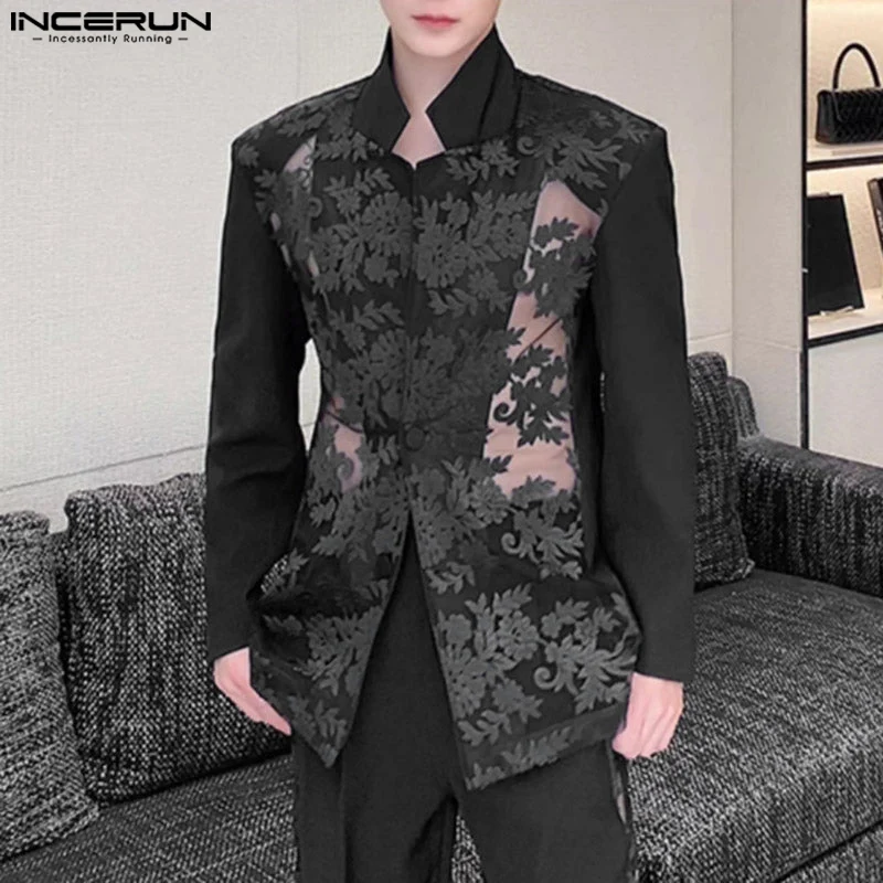 INCERUN Men Blazer Mesh Patchwork Lace Transparent Lapel Long Sleeve Casual Suits Men Streetwear 2024 One Button Fashion Coats