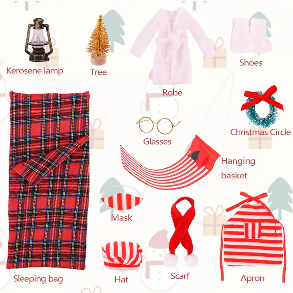 

Christmas Doll Clothing Set Christmas Elf Doll Accessories Set Dress-up Kit Sleeping Bag Chef Hat for Xmas Dolls 10/11/12 Piece
