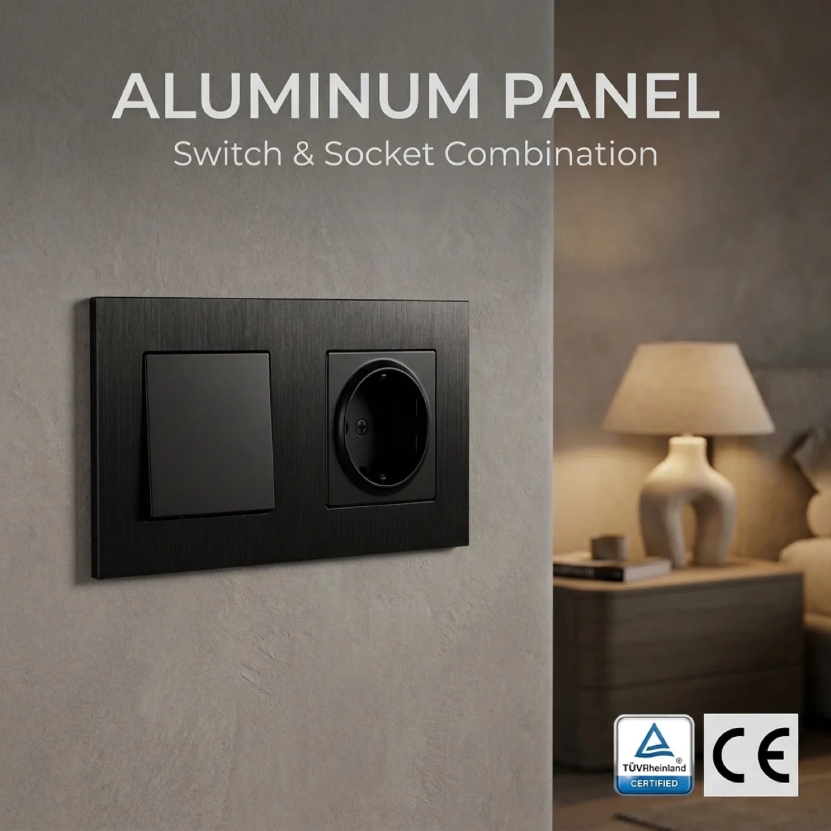 Sleek Decorative Black Wall Power Socket EU Standard Durable and Safe Brushed Aluminum Panel Sockets 250V 16A