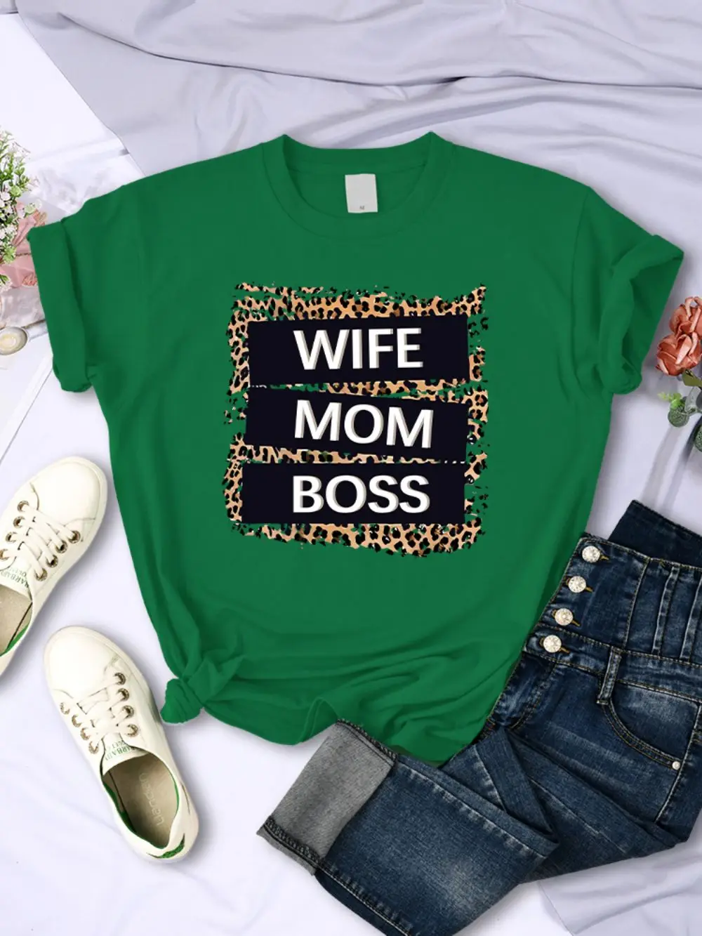 Straße Frau T-Shirts Frau Mama Boss Brief Leopard Drucke T-shirts Weiche Atmungsaktive Oansatz Kurzarm Sommer Casual Weibliche Kleidung – Detail 10