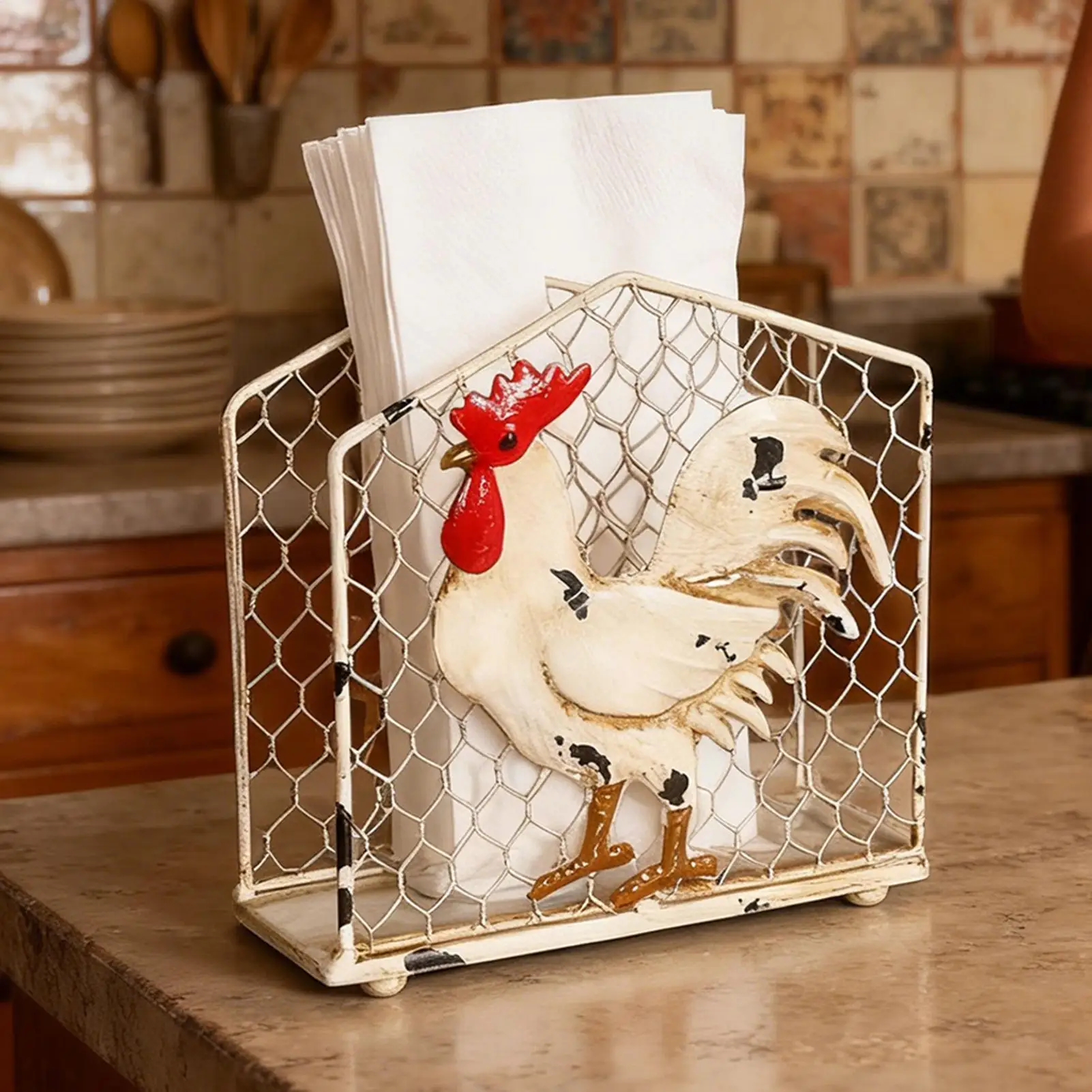 

Napkin Holder Rustic Rooster Decor Box Dispenser Cocktail Napkin Holder for Farmhouse Bathroom Kitchen Dining Christmas Guest