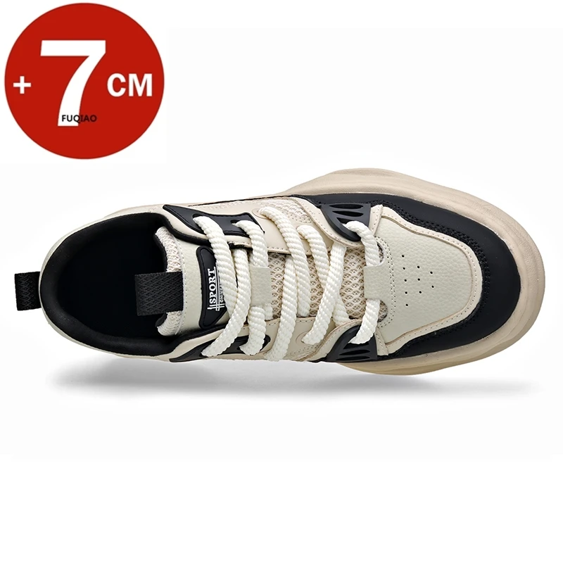 Zapatos de malla y cuero de vaca para hombre, zapatillas deportivas con plataforma, informales, ligeras, cómodas y transpirables, aumento de altura, 7CM