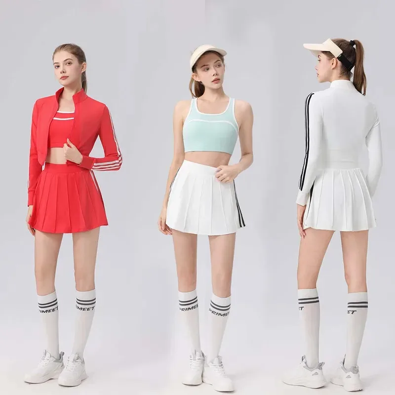 SharpStar Women's Sports Fitness Skirt Set 3pcs Zipper Jacket Shockproof Bra Workout Skirt Set Quick Dry Tennis Skirt Suit