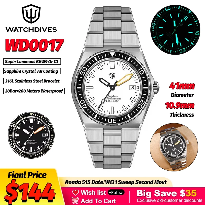 

Часы Watchdives WD0017, 41 мм, кварцевые, мужские, с механизмом VH31, сапфировым стеклом с AR-покрытием, светящимися элементами, водонепроницаемостью 20 бар, из нержавеющей стали, класса люкс.