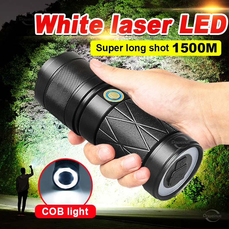 

Super Powerful white laser LED Flashlight Built-in 3*18650 Torch Zoom 1500m Tactical Lantern with COB Camping Waterproof Lamp