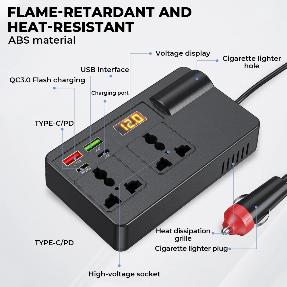 

Автомобильный инверторный адаптер питания 200 Вт, 12 В/24 В постоянного тока в 220 В переменного тока, преобразователь QC 3,0 USB/PD/Type-C, зарядные устройства, обнаружение напряжения, переключатель ВКЛ/ВЫКЛ