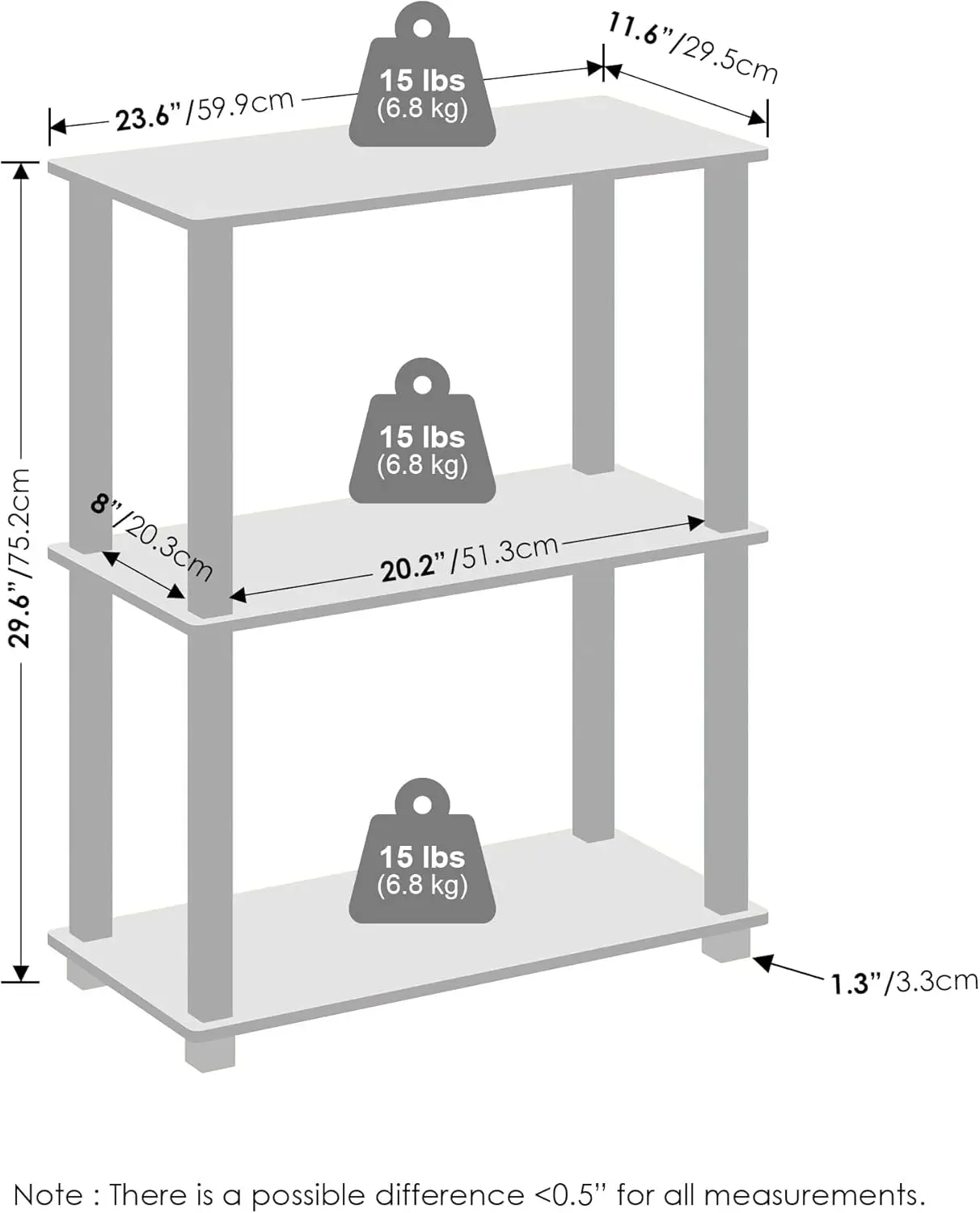 Turn-S-Tube Book Shelf, 3-Tier Bookshelf, Multipurpose Bookcase with Square Tube, 11.6 x 23.6 x 29.6, for Living Room, B