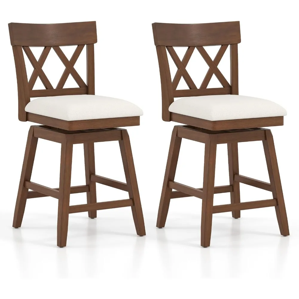 

26" Bar Stools Set of 2, Swivel Counter Height Bar Chairs with Contoured Backrest, Padded Seat & Rubber Wood Legs, Farmhouse Wo