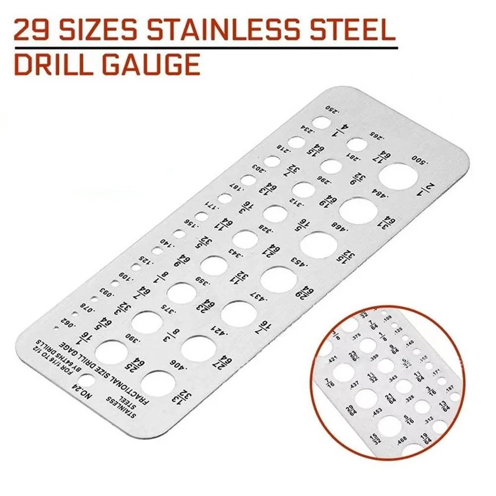 Stainless Steel Drill Bit Gauge 1/16 Inch To 1/2 Inch Multifunctional Screw Gauge Card 29-Holes Measuring Tools