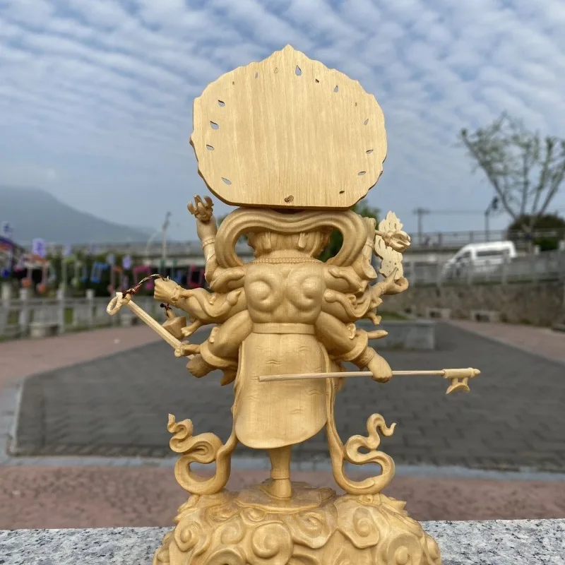 Intricately Carved Cypress Wood Vajrapani Shrine—Decorative Ornament for The Living Room