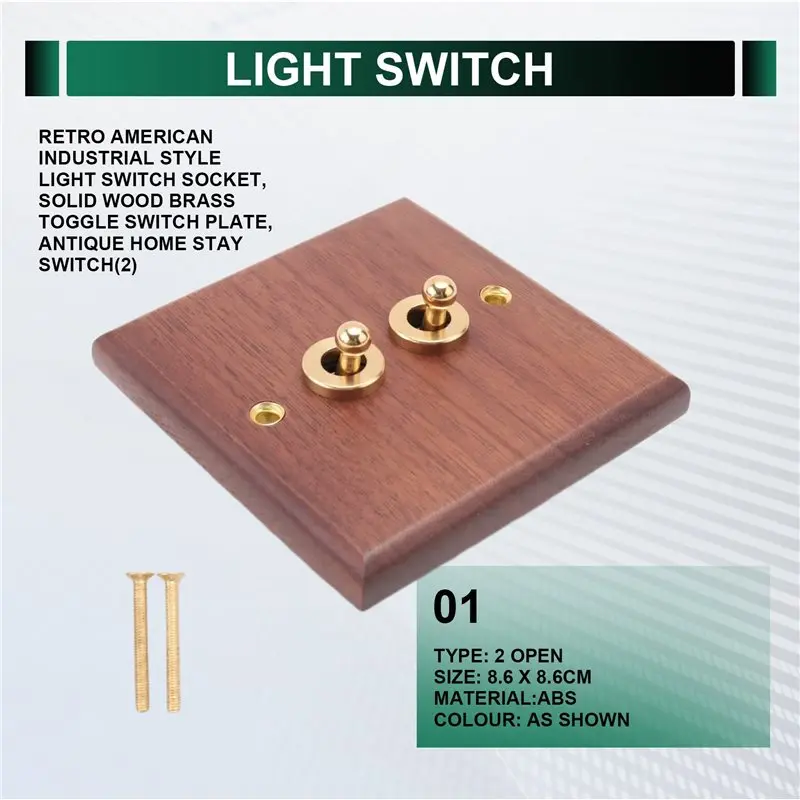 ABVG-Retro American Industrial Style Light Switch Socket, Solid Wood Brass Toggle Switch Plate