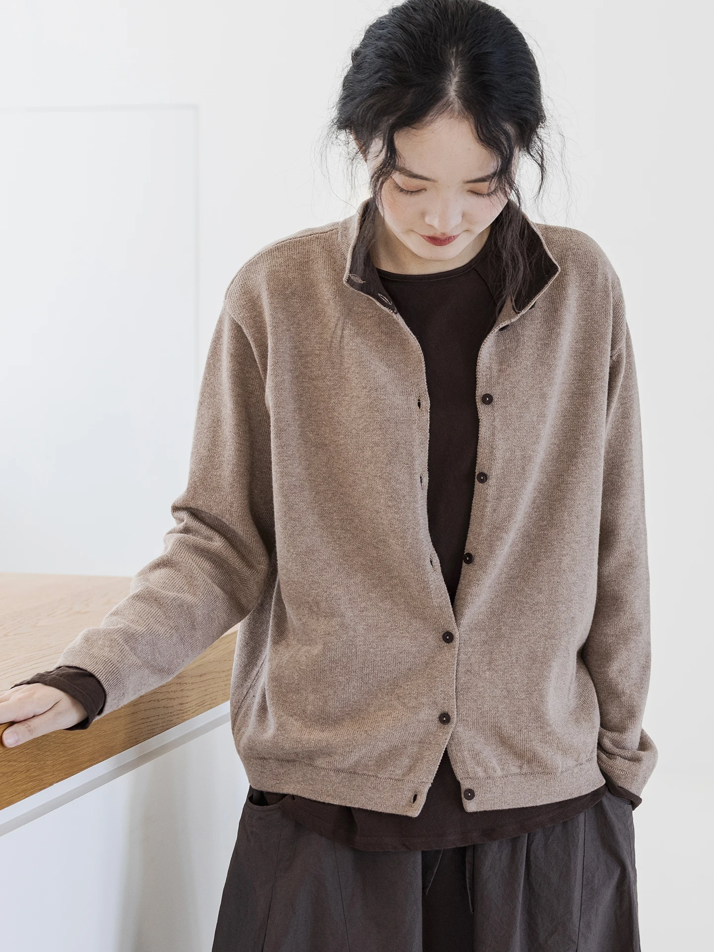 

Длинный вязаный свитер из органического хлопка, цветной блуэтный воротник, свободный крой, открытый кардиган, женская одежда из мягкой ткани