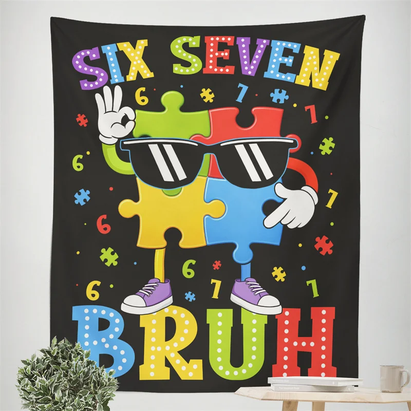 Aertemisi Six Seven Bruh 67 Autism Puzzle Tapestry Wall Hanging Art for Bedroom Living Room Decor Party Backdrop