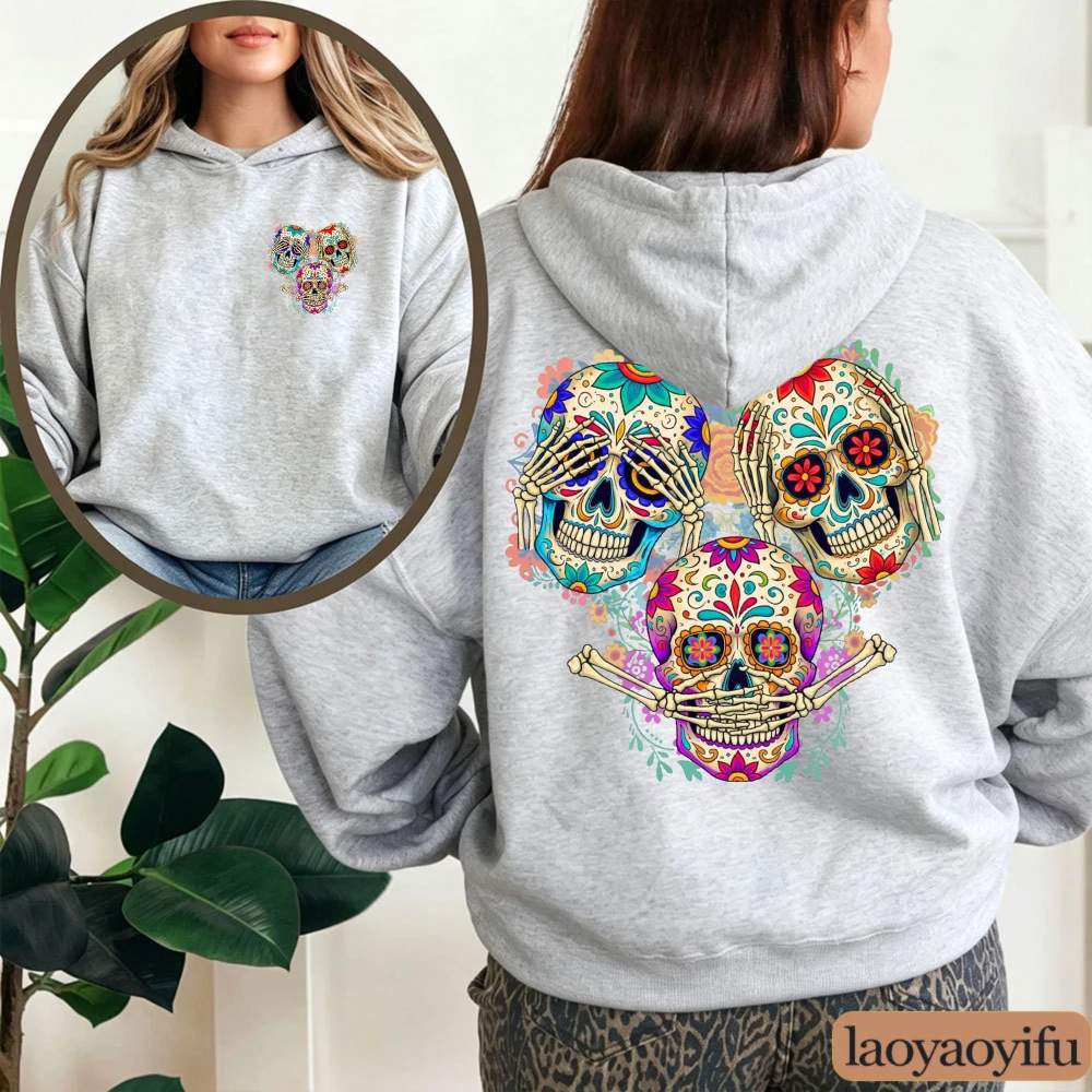 Unisex Sugar Skull Hoodie Día De Muertos Graphic Print Pullover Casual Long Sleeve Hooded Sweatshirt Streetwear Men Women