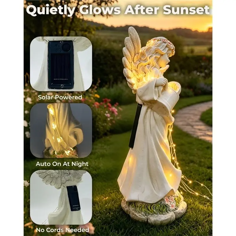 ABGE-Outdoor Garden Angel Solar Lights, 10 Inch Resin Angel Statue Featuring Warm Flowing Light Effects, Perfect Garden Accent G