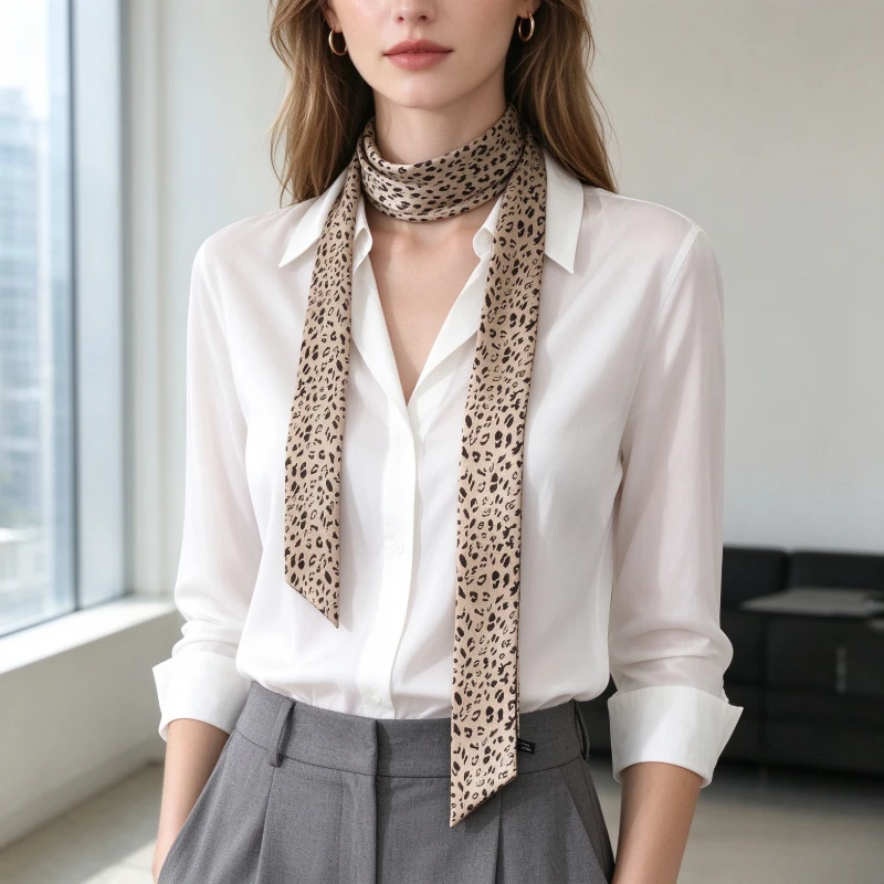 Women Y2K Vintage Leopard Print Skinny Long Neck Scarf, Slim Narrow Satin Neck Tie, Retro Minimalist Fashion Accessory for Daily