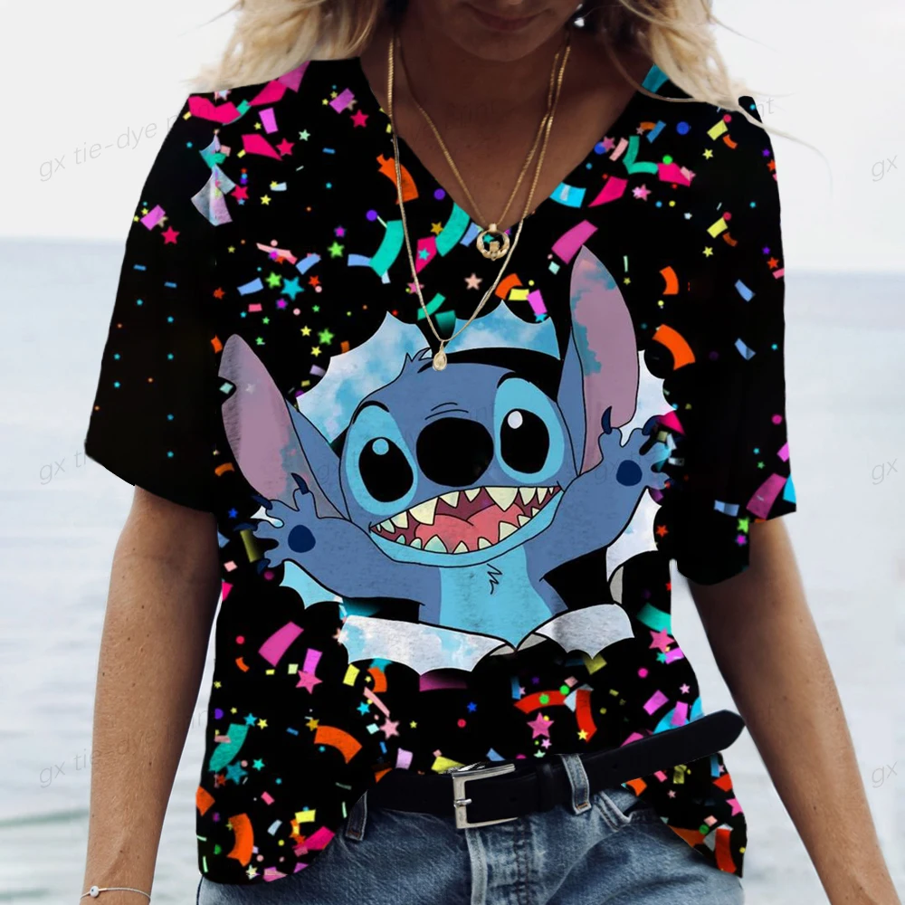 Women's clothing V-neck short sleeved T-shirt summer plus size clothing T-shirt cute Lilo&Stitch printed top animal pullover cas