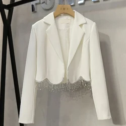 Blazer de terno pequeno feminino com borlas e diamantes, casaco curto, jaqueta casual fina de cintura alta, verão